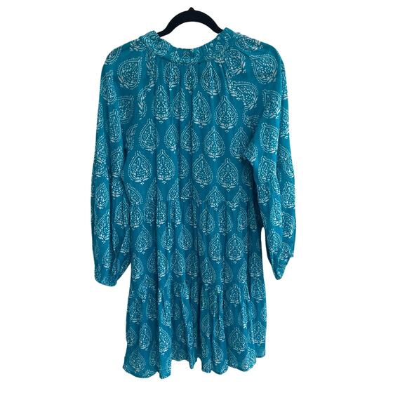 NWT Tuckernuck Tropical Teal Lantern Block Print Tie Neck Caftan Dress Large - Picture 6 of 7